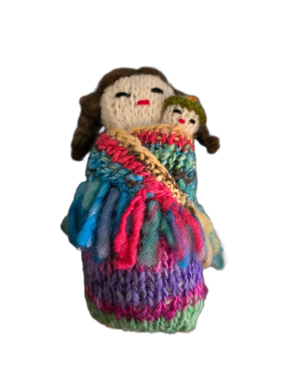 Handmade Knit Mother & Baby Folk Art Doll Crochet Soft Sculpture Primitive Decor